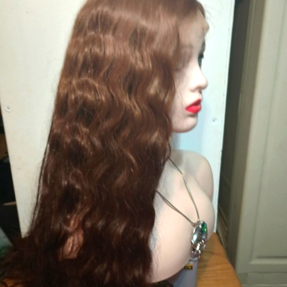 Long Wavy Brown Wig With Lighter At The Ends.